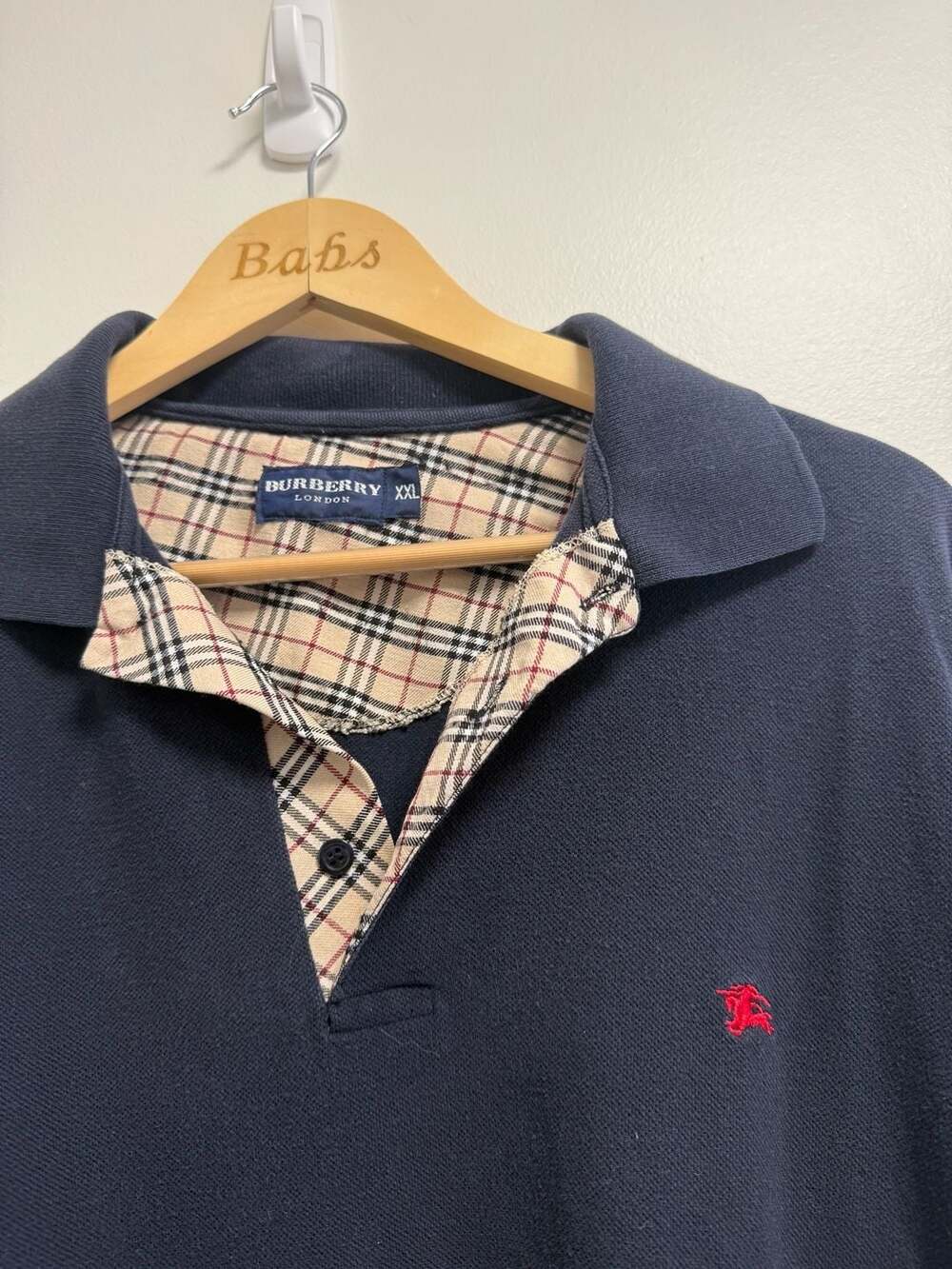 Burberry London Polo Size XXL Navy Blue Check Collar Cotton